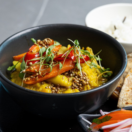A plant-based Indian-inspired meal with dal, roti, wild rice, and a fresh salad, served as part of a nourishing spa lunch at Glass House Wellness Retreat and Spa.