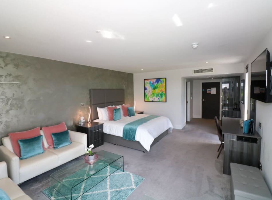 Bed and sofas in room